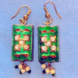 Vintage Enamel Indian dangle drop earrings w pearl / diamond ART